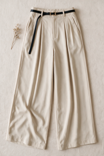 Mériana -Pantalon beige wide-leg à pinces avec ceinture noire