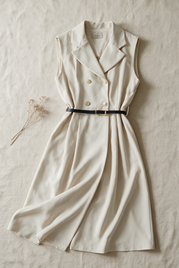 Éléane - Robe longue écrue sans manches esprit blazer avec ceinture