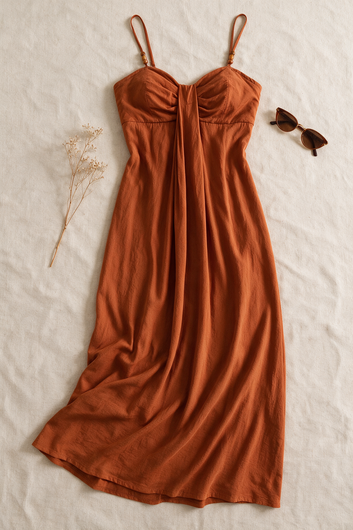 Safia - Robe longue terracotta à fines bretelles et décolleté drapé