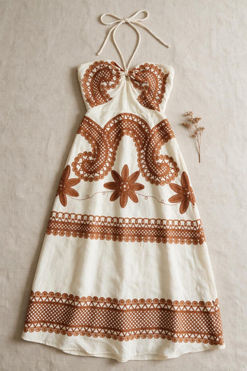 Toscane - Robe Longue Brodée écru terracotta brodé