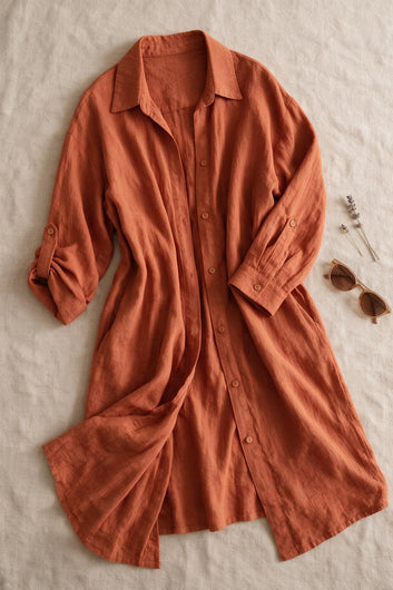 Alma - Gilet terracotta esprit chemise 100% lin