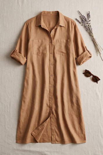 Linéa - Robe chemise longue camel évasée 100% lin