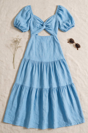 Élysia - Robe longue bleu ciel dos ouvert en coton