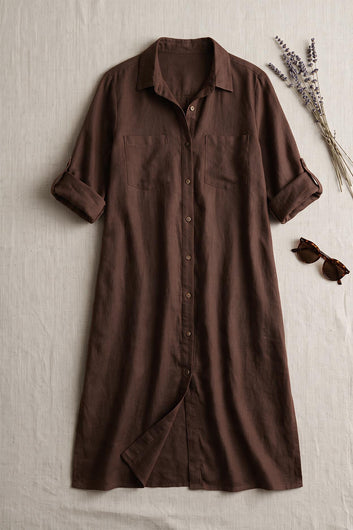 Linéa - Robe chemise longue chocolat évasée 100% lin