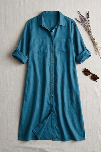 Linéa - Robe chemise longue bleu canard évasée 100% lin