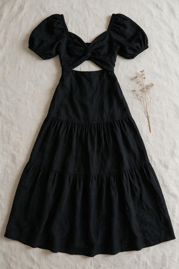 Élysia - Robe longue noir dos ouvert en coton