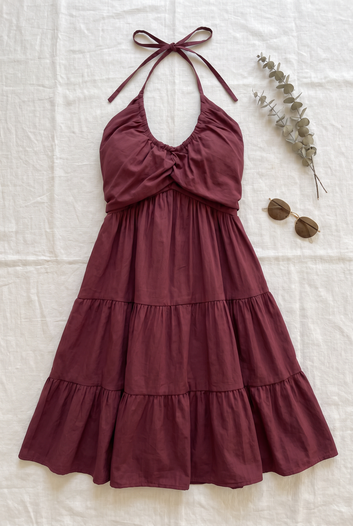 Ella - Robe courte dos nu smocké bordeaux