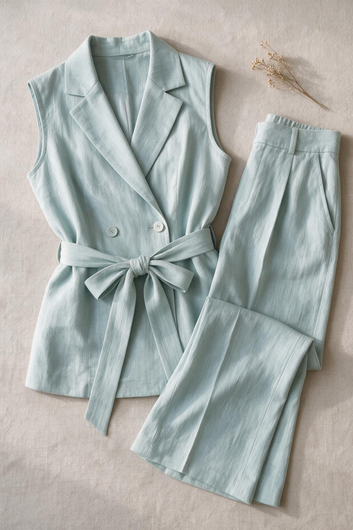 Nicole – Ensemble gilet sans manches & pantalon Bleu ciel