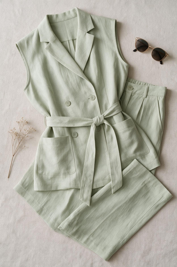 Nicole – Ensemble gilet sans manches & pantalon vert amande