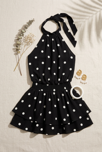 Calista- Robe courte noir à Pois dos nu
