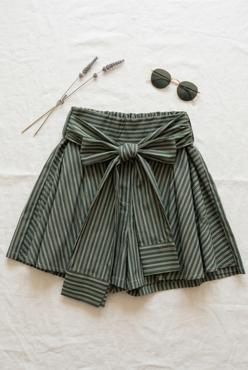 Mélyra – Jupe-short rayée kaki ceinture nouée taille haute