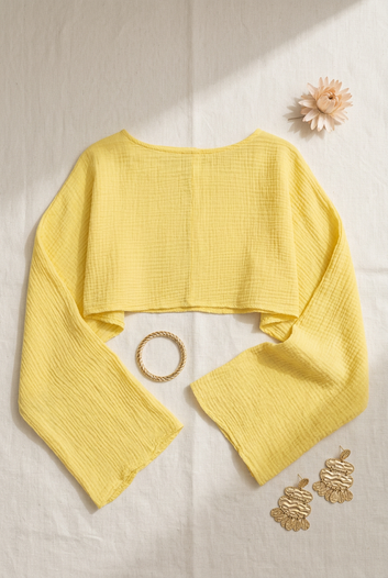 Jolina -Top jaune pastel en gaze de coton manches oversize