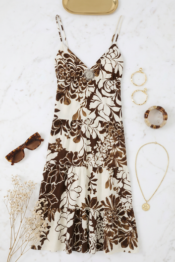 Inès - Robe longue imprimé marron et écru décolleté V bijou soleil