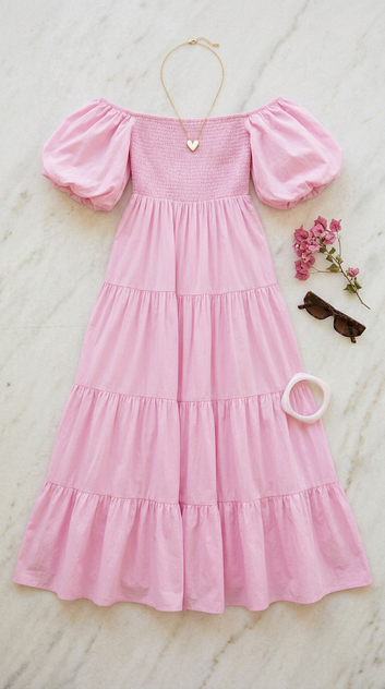 Céra - Robe longue bustier smockée manches bouffantes rose bonbon