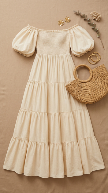 Céra - Robe longue bustier smockée manches bouffantes beige