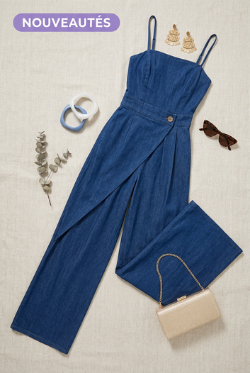 Elisa- Combinaison pantalon fluide bleu denim asymétrique