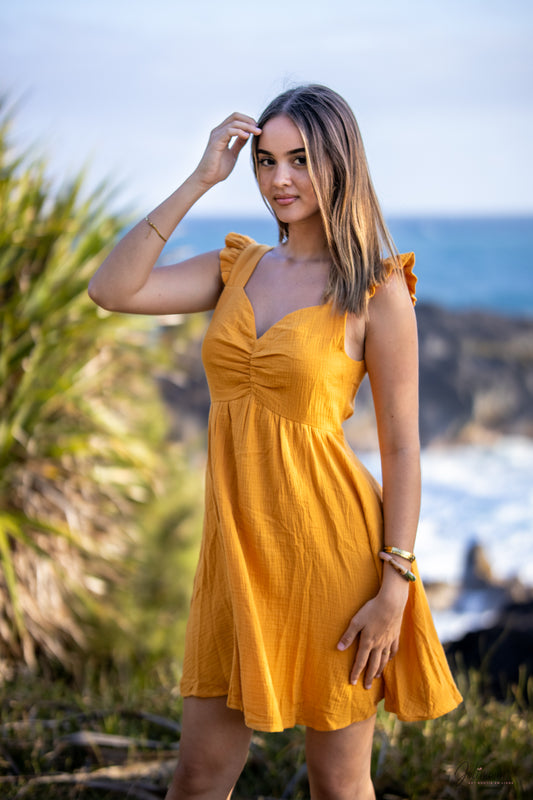 Louise - Robe Courte en Gaze de Coton à bretelles volantées
