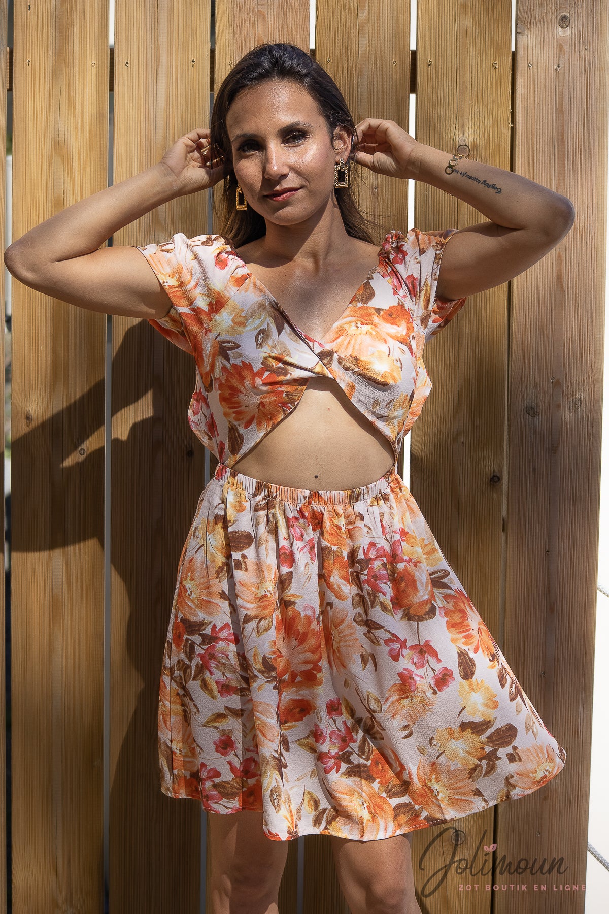 Ora - Robe courte imprimé à fleur Orange